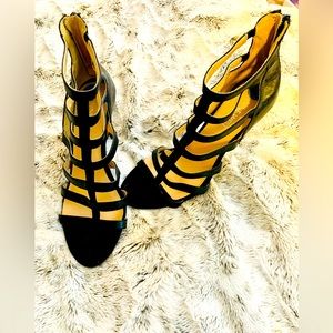 NINE WEST GLADIATOR CAGED SUPER SEXY SANDALS HEELS BLACK LEATHER SIZE 6 1/2 NWOT